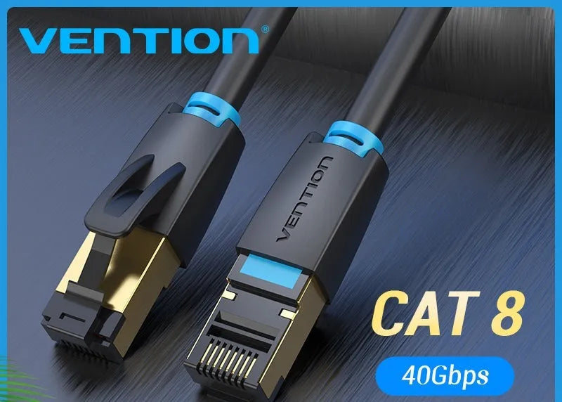 CAT8 shielded ethernet patch cable with RJ45 connectors, shown in flat and round style options.