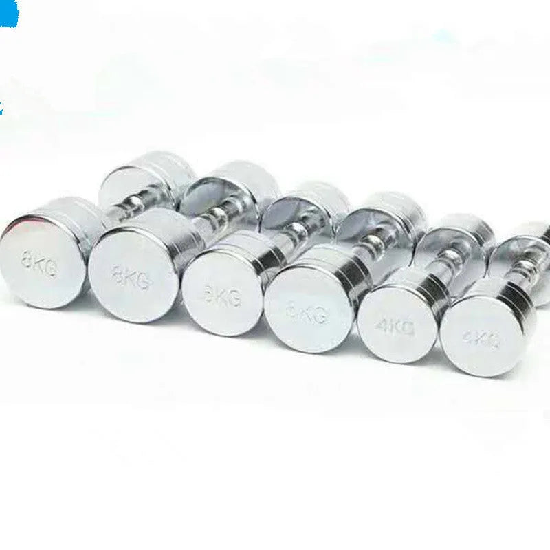 Silver pure steel dumbbell with hexagon rod handle on grey background.