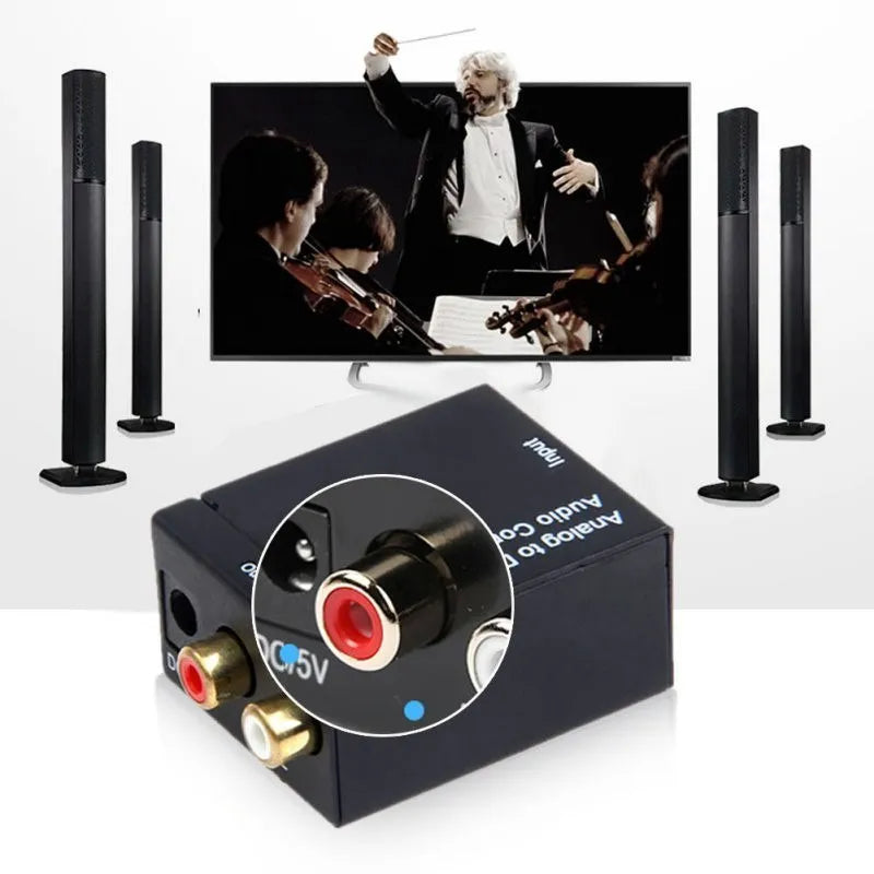 Black digital to analog audio converter with Toslink and coaxial inputs and RCA outputs