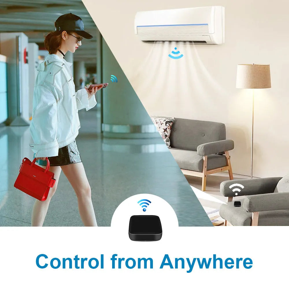 Black voice control universal infrared remote control with WiFi connectivity for smart home automation