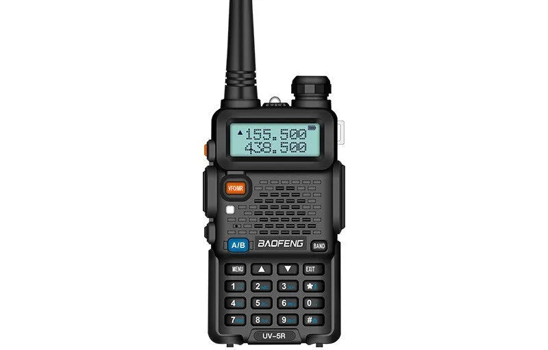 Baofeng UV5R portable walkie talkie in black plastic with antenna and belt clip