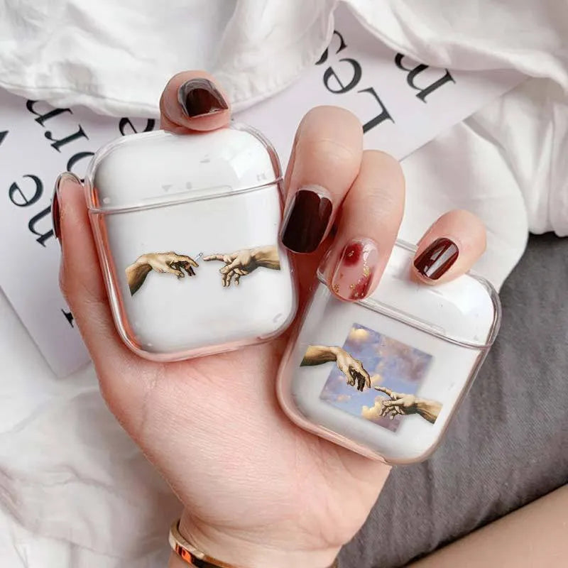 Transparent plastic AirPods protective case cover showing compatibility with AirPods and AirPods Pro