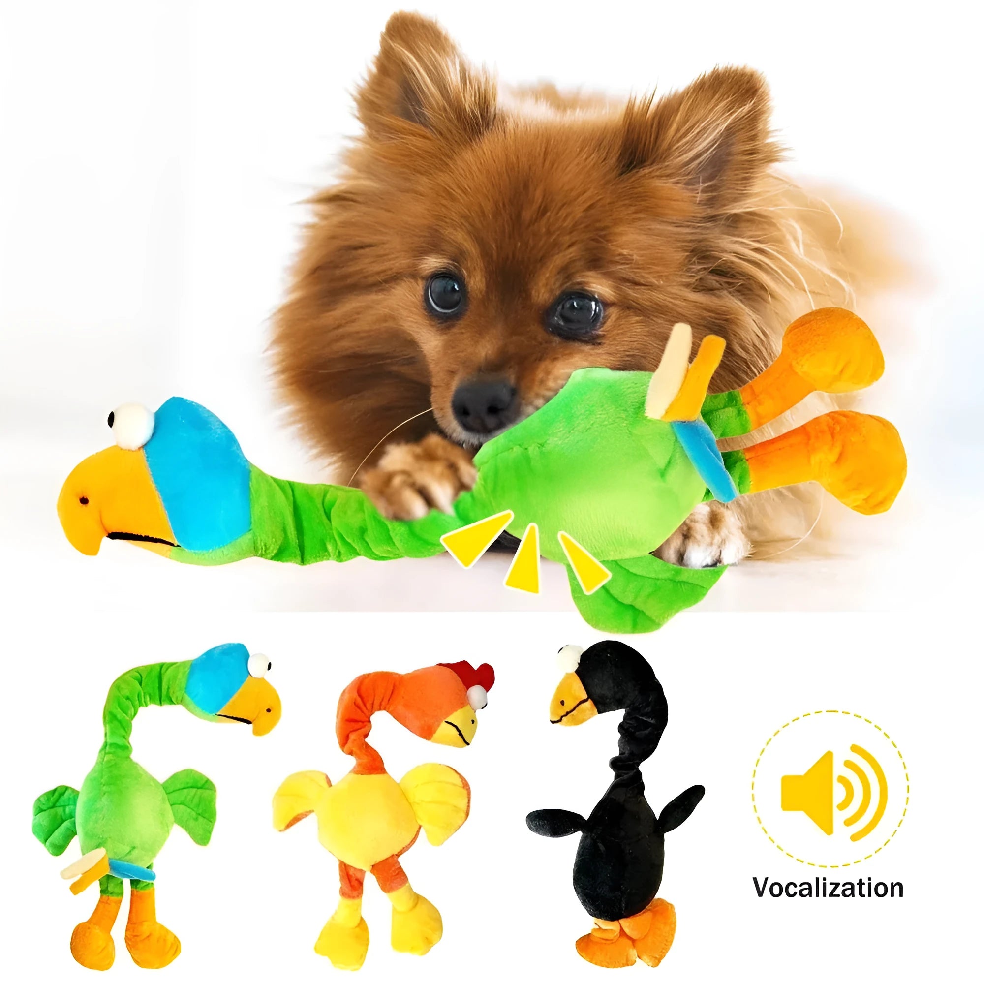 Screaming chicken sound dog chew toy in black, green or orange colours