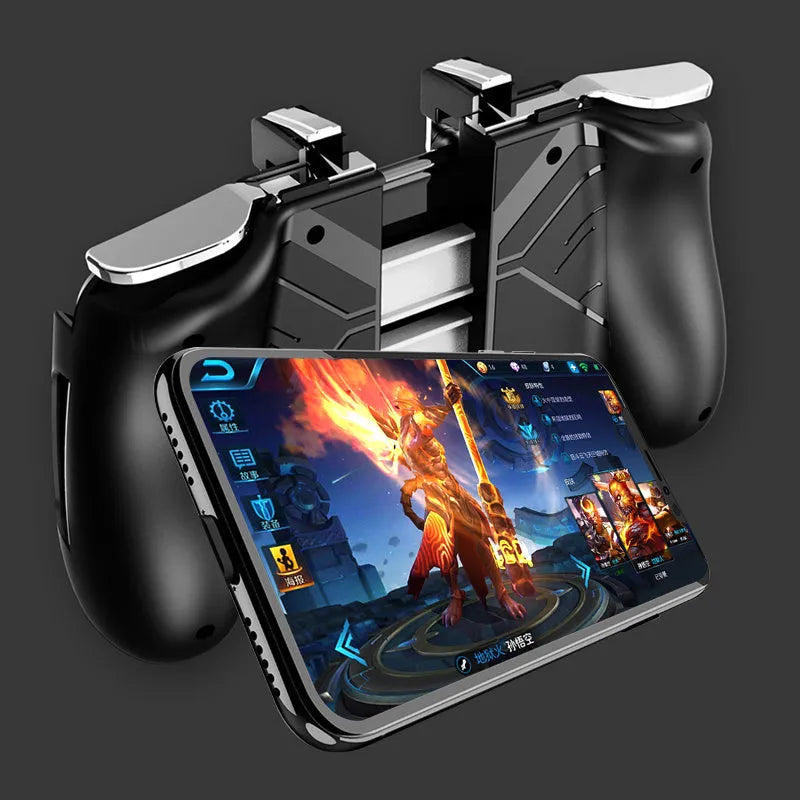 Multifunctional mobile game controller handle in black, blue, or white colours with Bluetooth connectivity