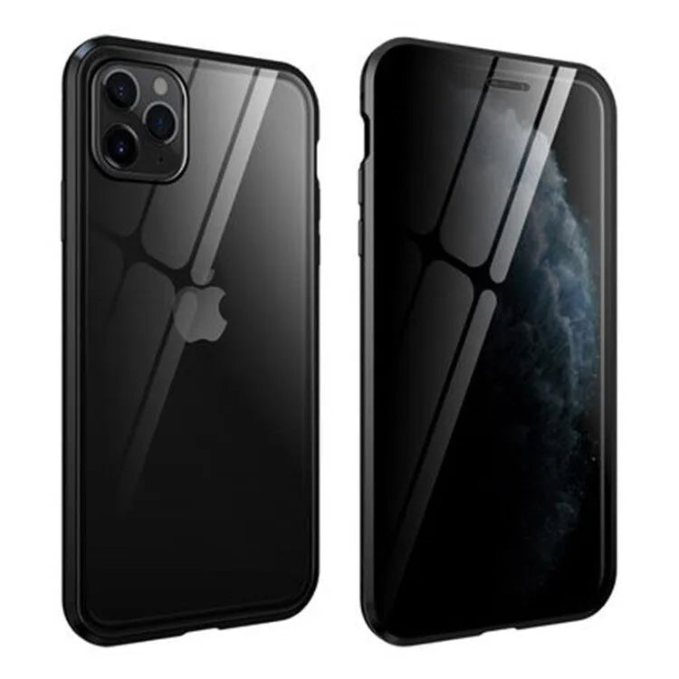 Anti-peep double-sided magneto phone case with metal frame and tempered glass for iPhone – solid colour flip cover
