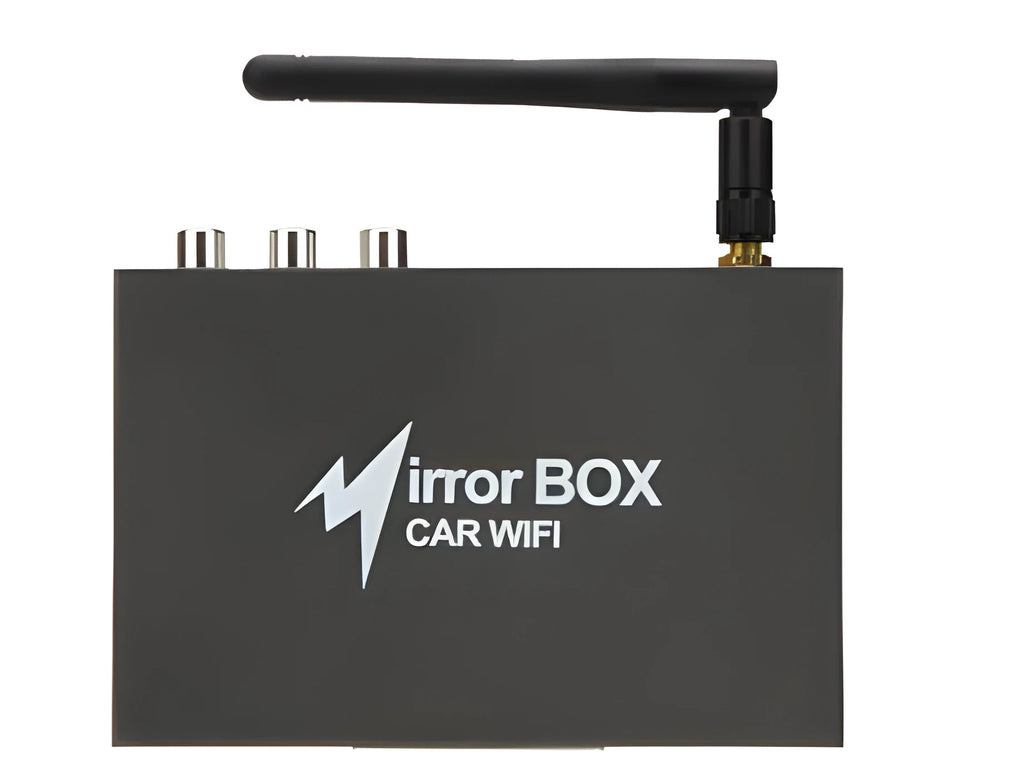 Black car mirror link WiFi box with power cable, antenna, AV cable and manual for smartphone screen mirroring.