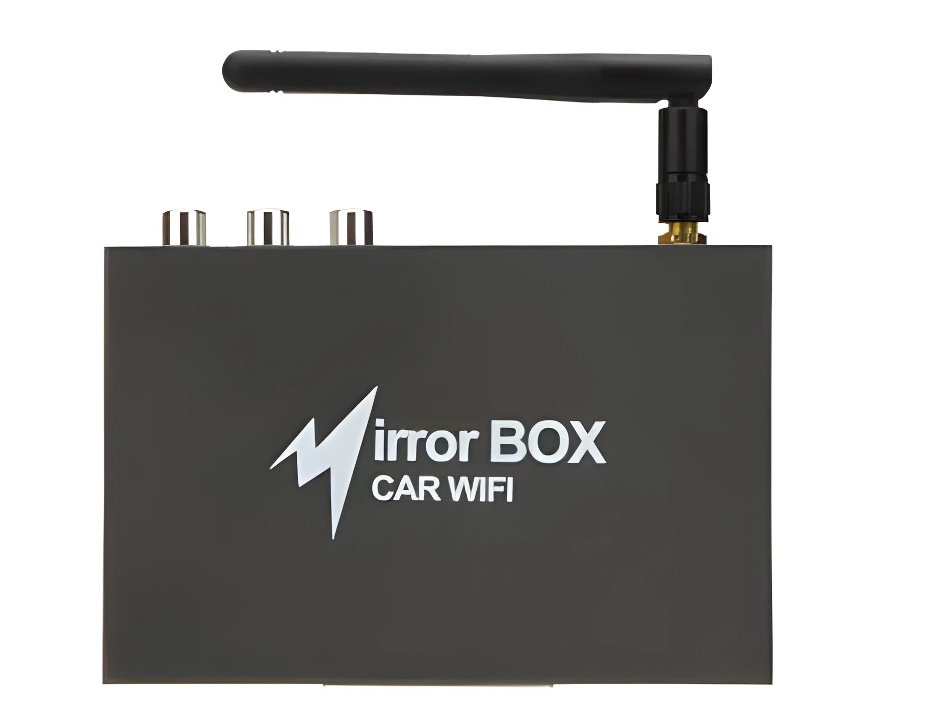 Black car mirror link WiFi box with power cable, antenna, AV cable and manual for smartphone screen mirroring.
