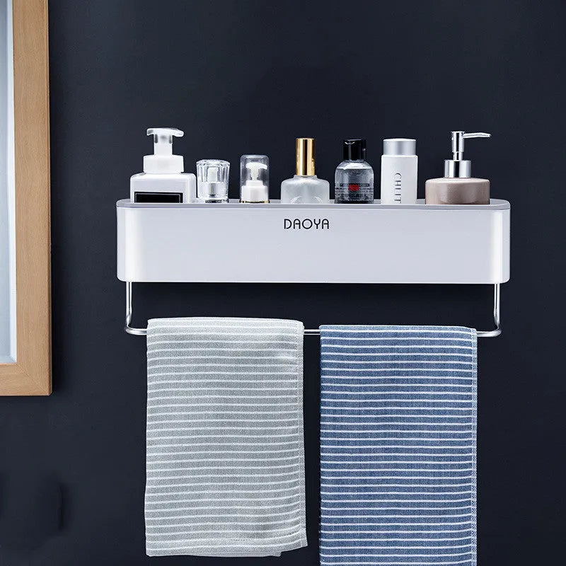 Polished plastic wall-mounted bathroom shelf for shampoo and cosmetics, hole-free installation, black colour option