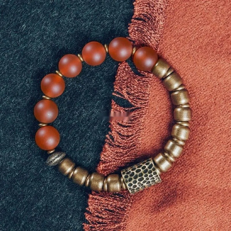 Retro ethnic style natural agate bracelet with green agate beads on cord, vintage finish, women's size 15 yards length