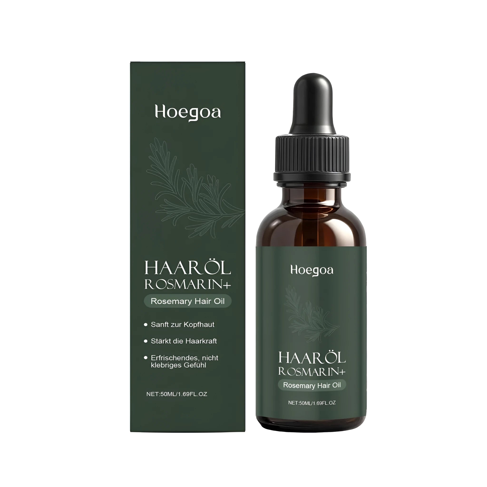Rosemary hair care oil 50ml bottle with ginger and castor oil on wooden surface