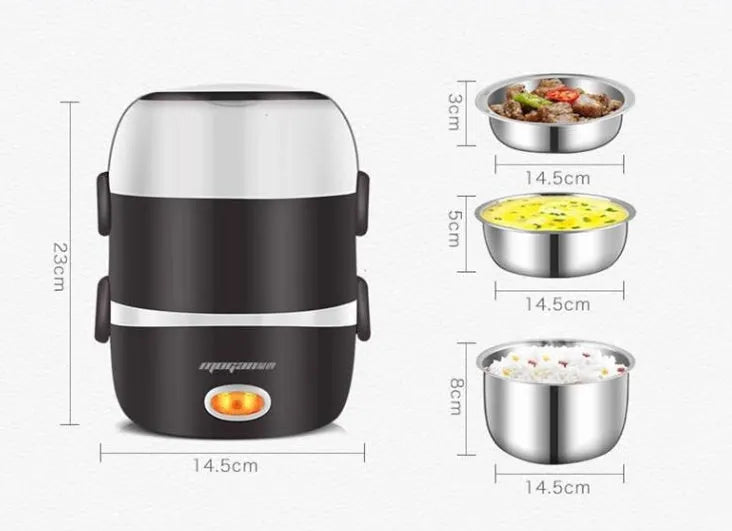 White 2L rice cooker with 200w power and 2-layer steaming option on a kitchen counter