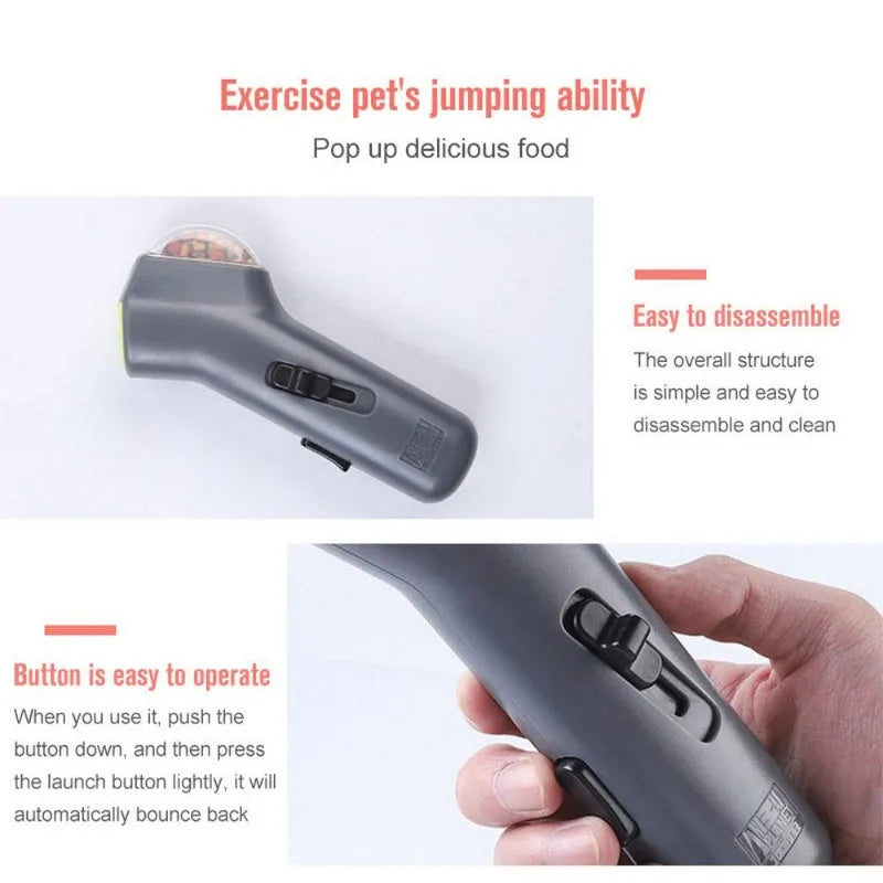 Grey pet snack catapult launcher showing spring trigger mechanism and compact 18cm design