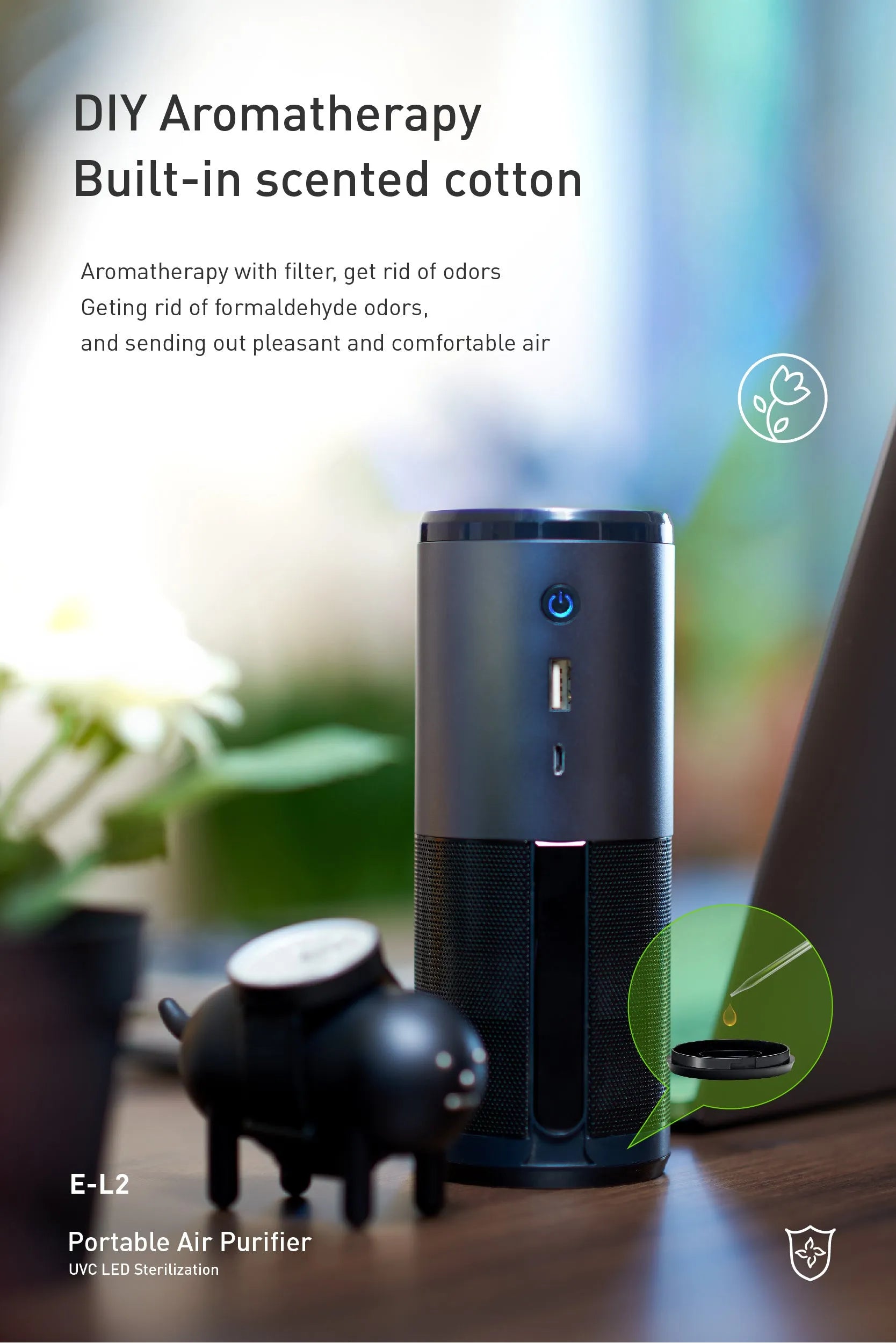 Black portable mini car air purifier with USB cable and smart sensor display