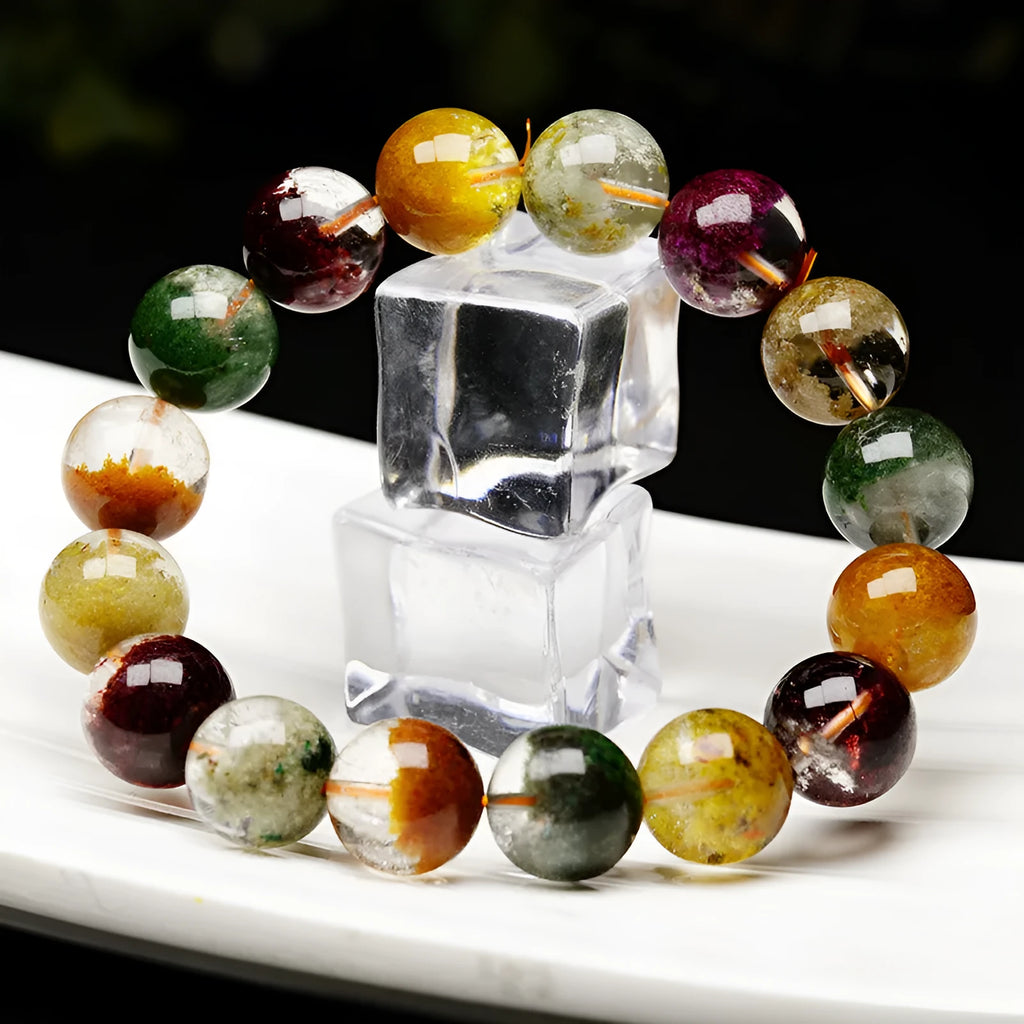 Natural colourful ghost cornucopia crystal bracelet with 10mm beads in ethnic retro style