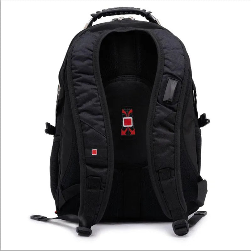 Black business computer backpack with 38-litre capacity showing three compartments and laptop protection