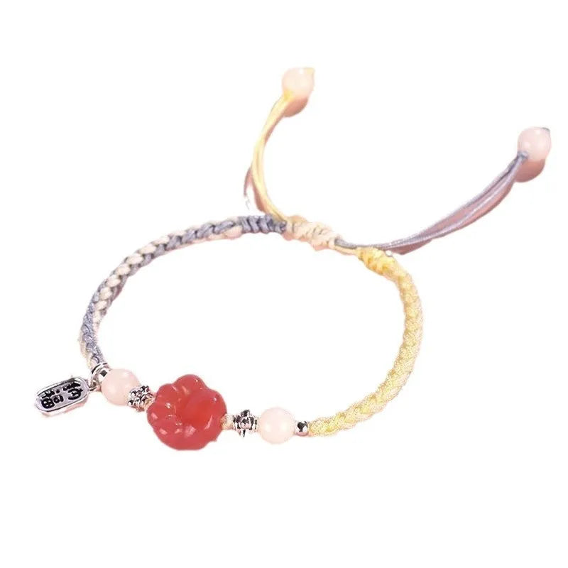 Handmade cat's paw bracelet for couples in glass coloured glaze, woven pastoral style, pink colour option