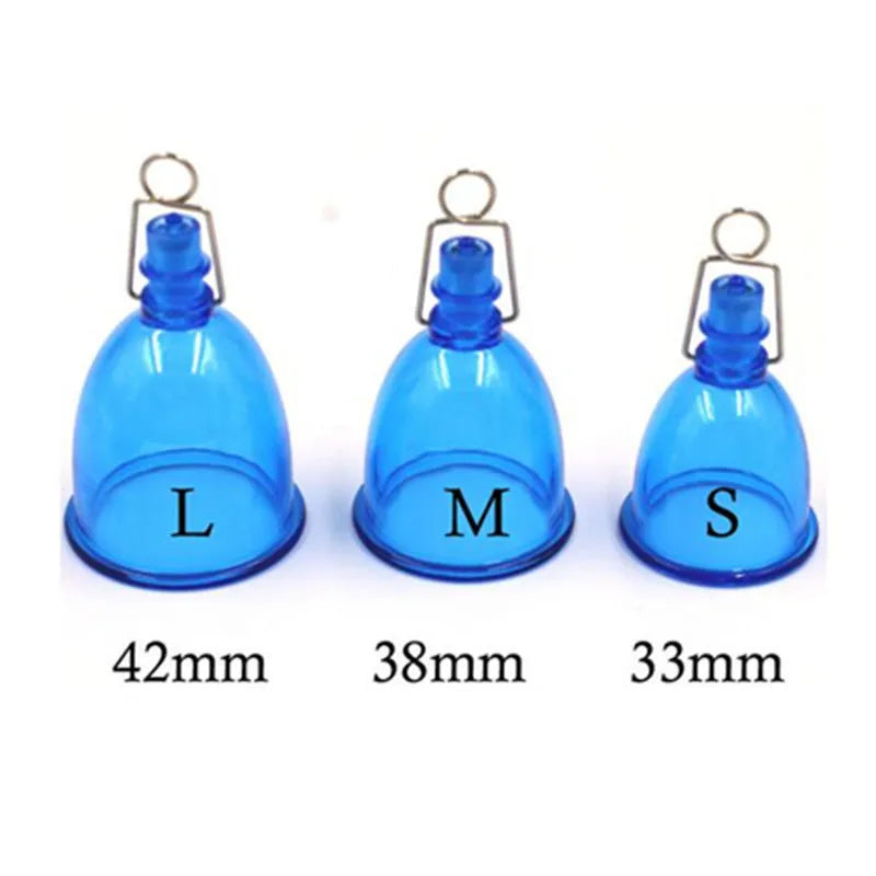 Blue silicone male adult physical stretch exerciser cup in small, medium and large sizes
