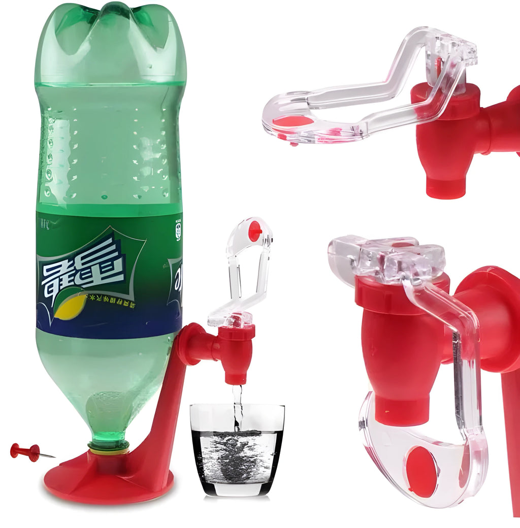 Red plastic Magic Tap soda dispenser mounted on inverted 2-litre bottle