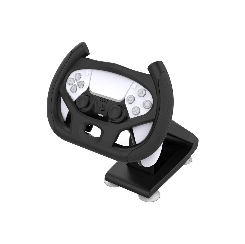Black ABS plastic steering wheel bracket for smartphones with a large suction cup on its base.