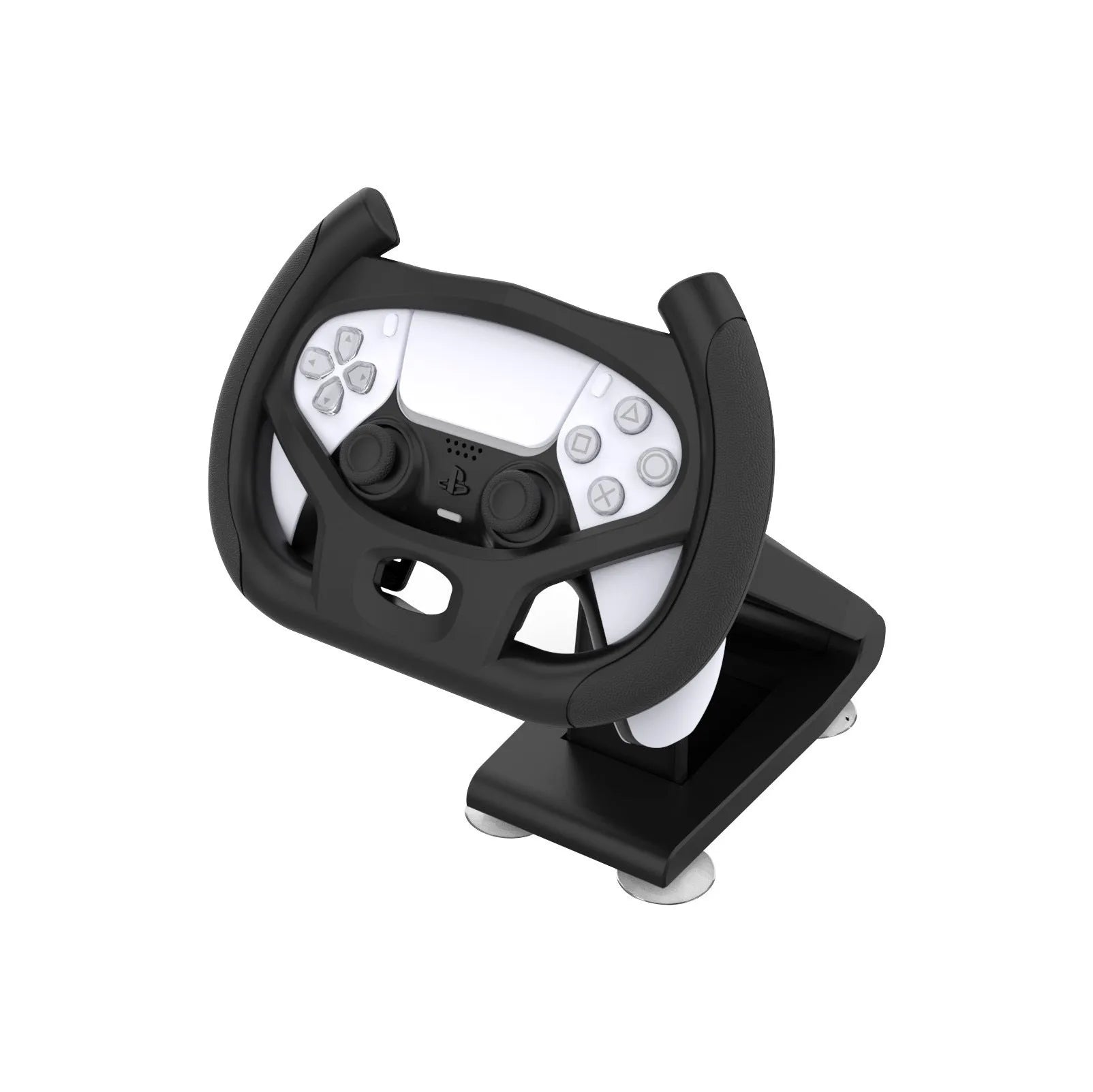 Black ABS plastic steering wheel bracket for smartphones with a large suction cup on its base.
