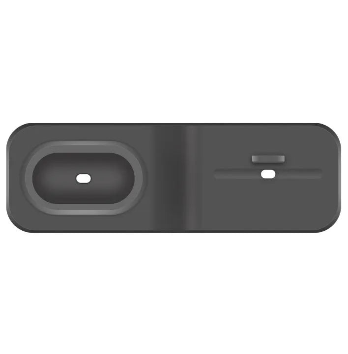 Black 3-in-1 silicone charging base for iPhone, iWatch, and AirPods on a desk