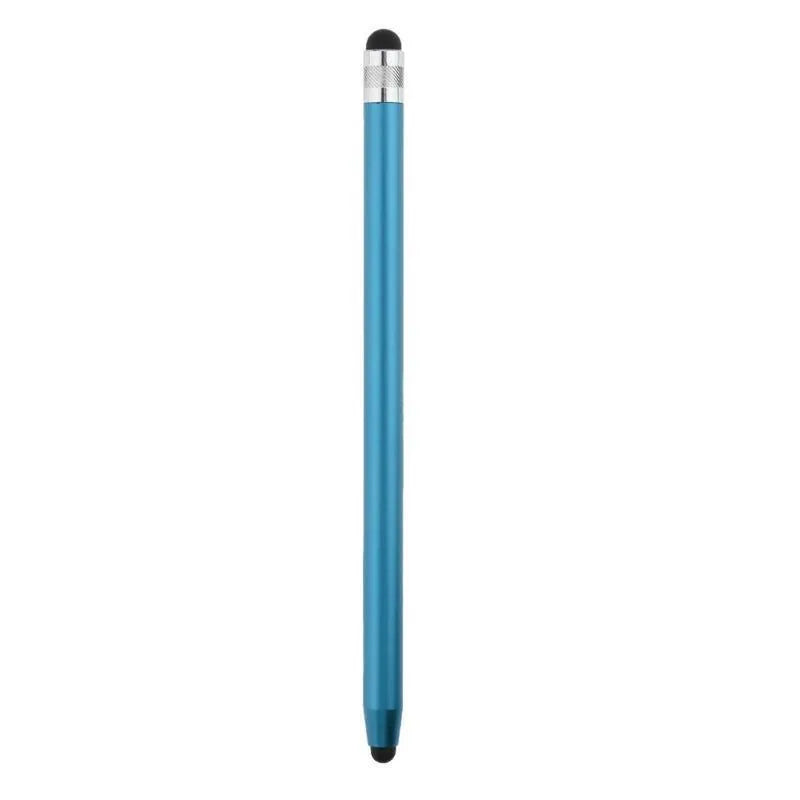 Metal dual-tip capacitive stylus pen with silicone touch heads, 14cm long, in silver colour