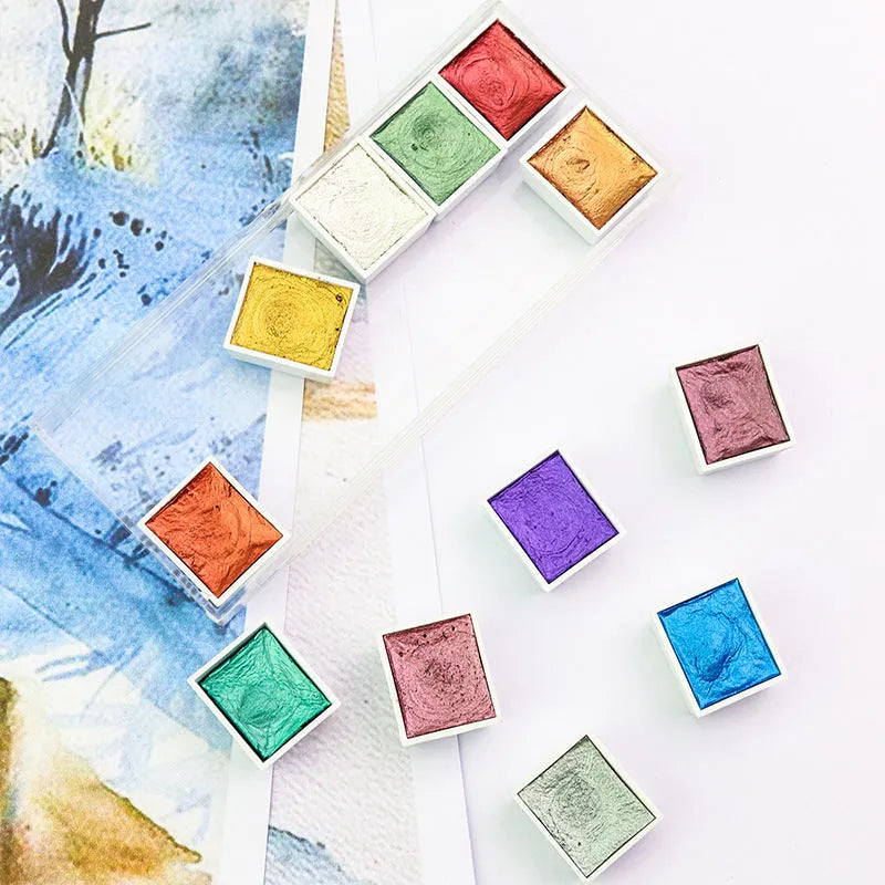 Boxed pearlescent solid watercolour pigment set with 12 colour blocks in uniform size