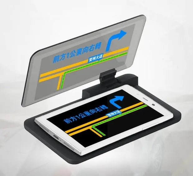 Gray smartphone hands-free navigation display holder on car dashboard with non-slip mat and organic glass panel
