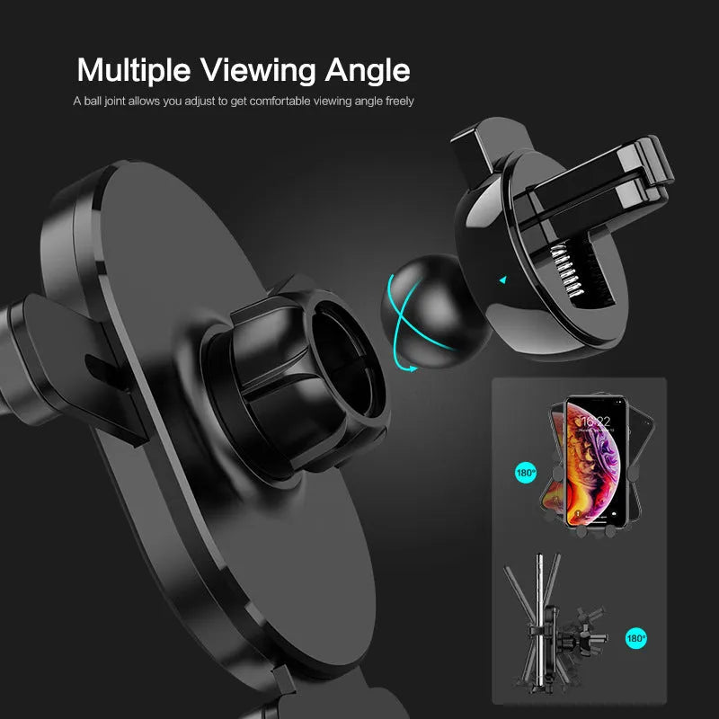 Black gravity car phone holder with 360 rotation mounted on air vent, holding a smartphone