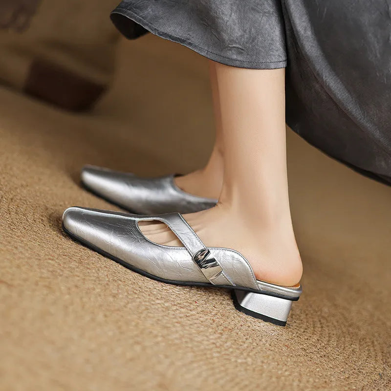 British-style square toe outdoor slippers with low heel and rubber sole