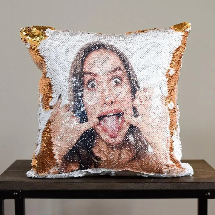 Custom photo sequins pillowcase 40x40cm gold reverse with uploaded picture displayed