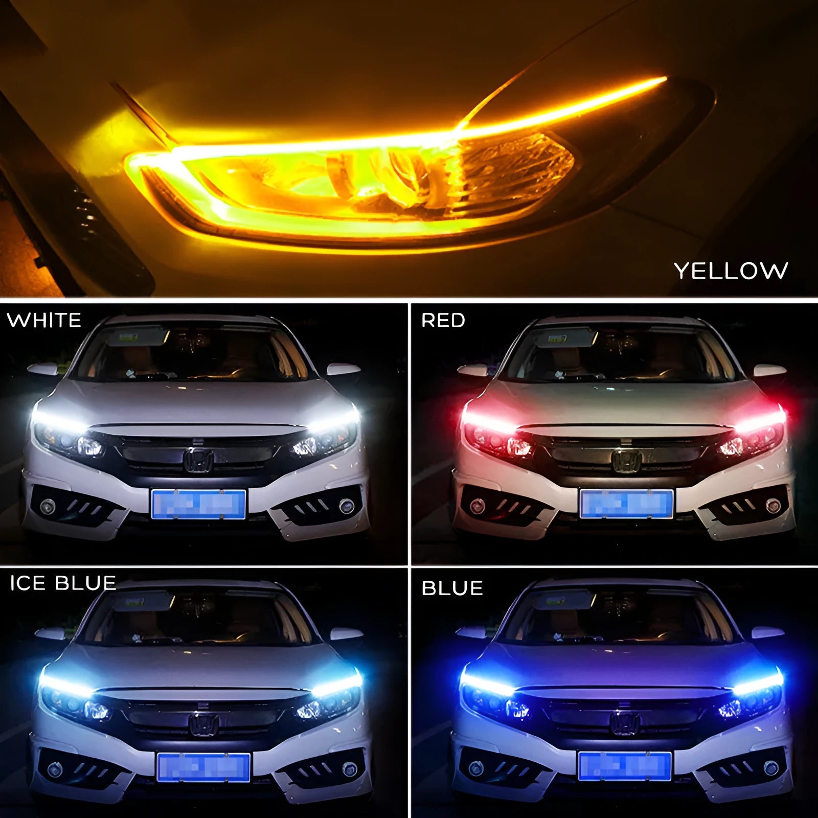 Flexible silicone car LED daytime running light strip with flowing turn signal animation