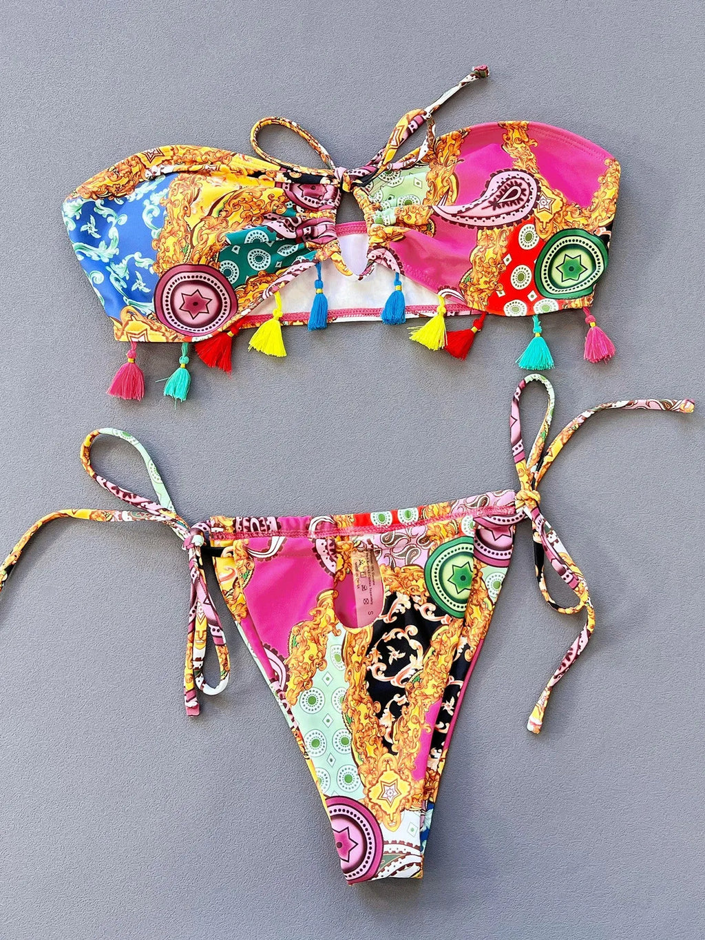Women's printing pattern separated bikini set with tube top and briefs for swimming
