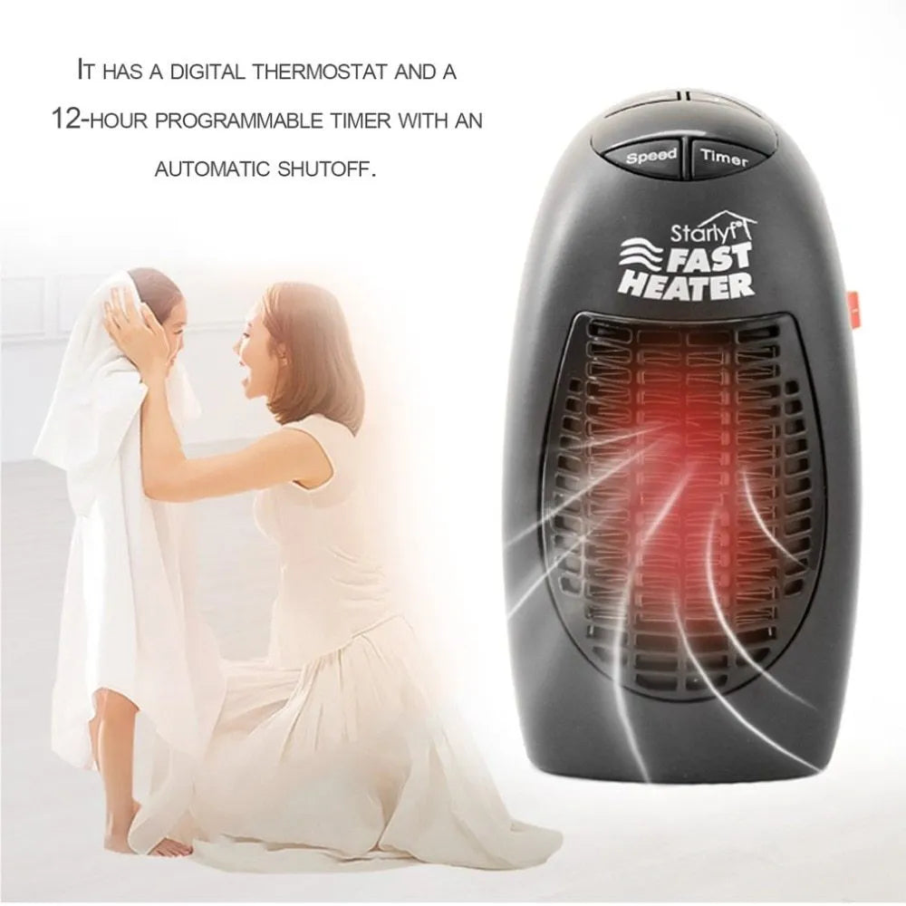 Black portable electric ceramic heater with digital display and rotating plug on a table
