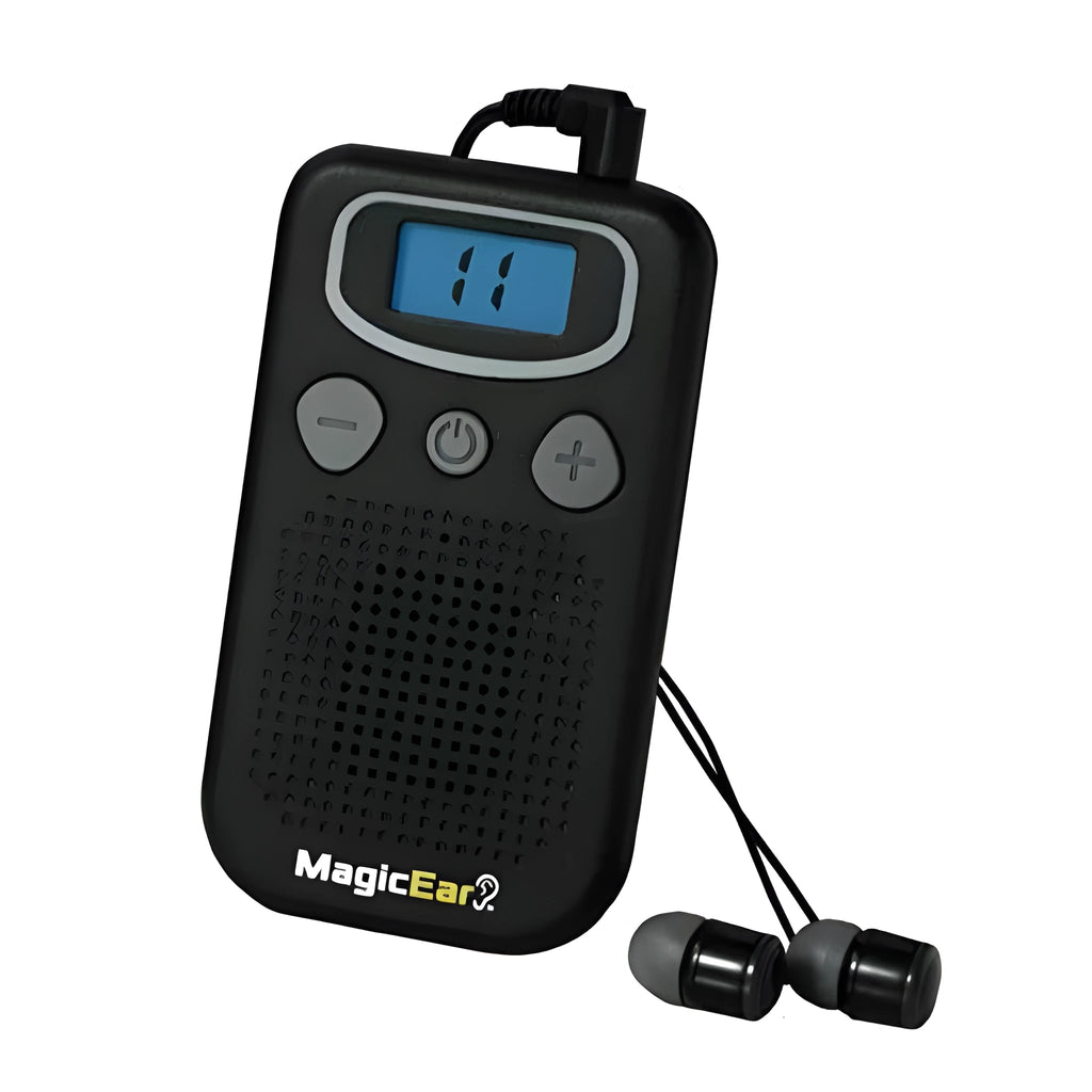 Bright-coloured personal voice amplifier with digital display and handheld FM radio design