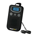 Bright-coloured personal voice amplifier with digital display and handheld FM radio design