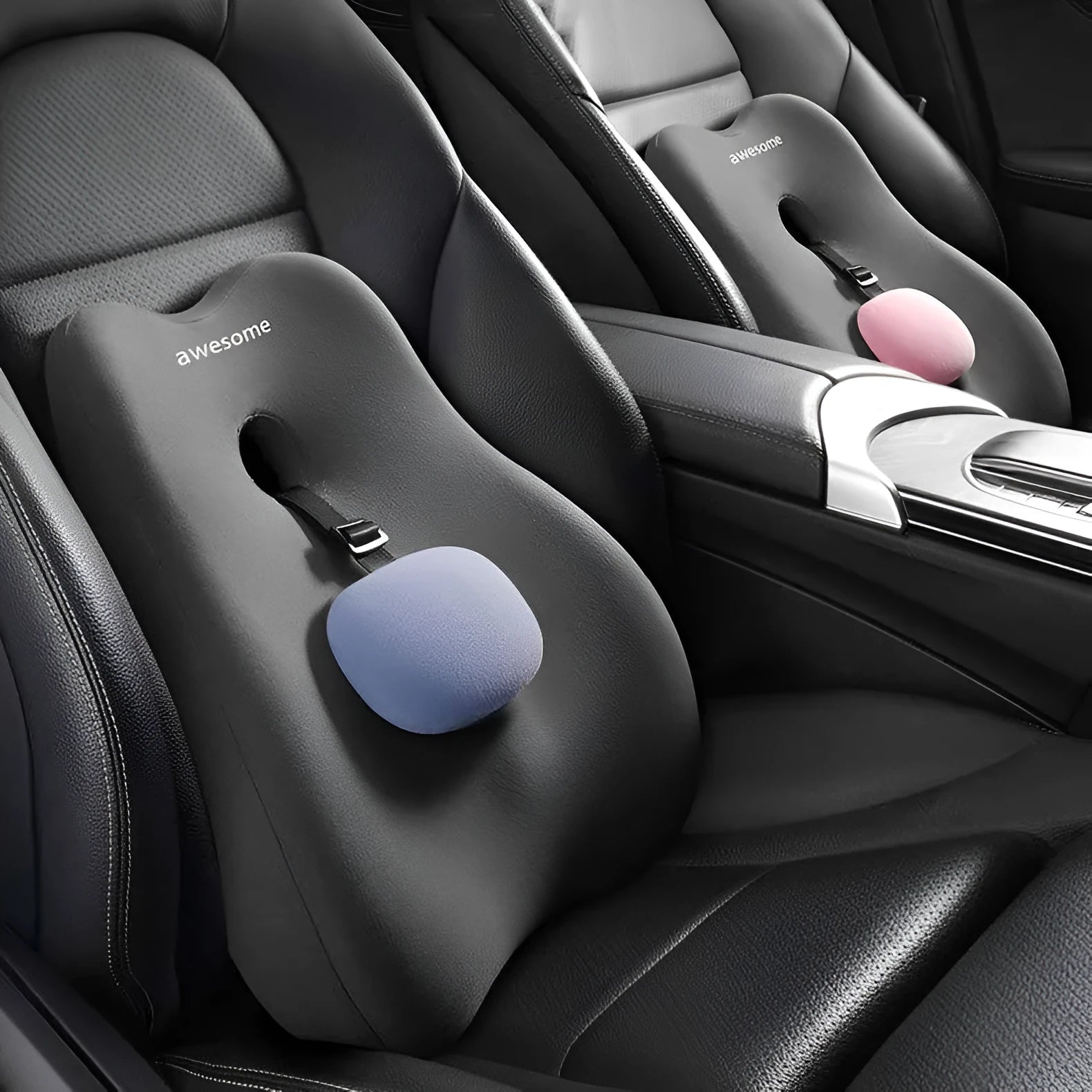 Car lumbar support pillow with memory foam and bumpy massage surface in black colour for driving seat back support
