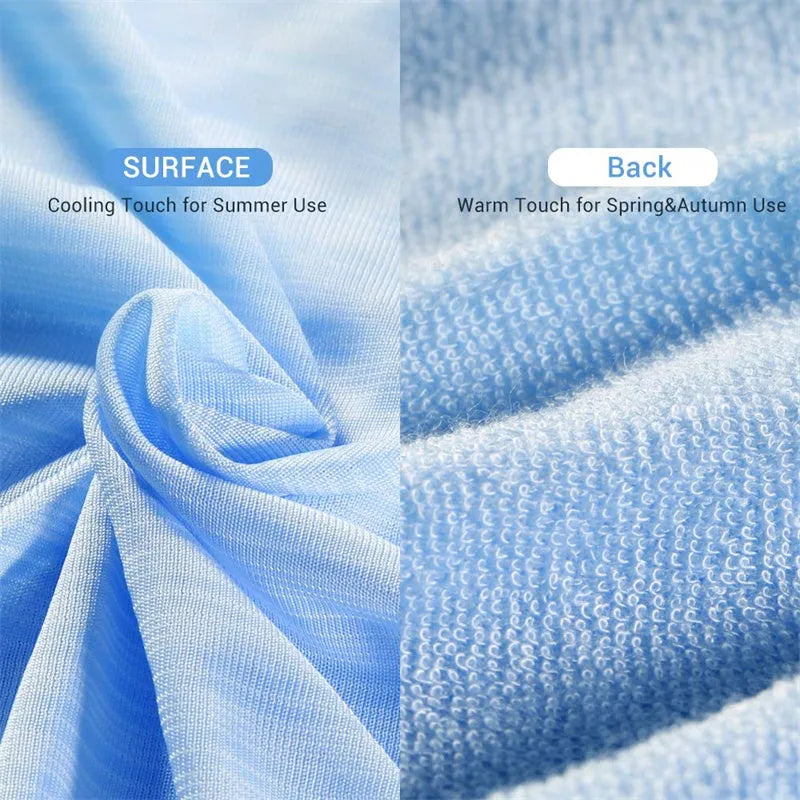 Blue cooling blanket with Q-Max 0.4 cooling fibers, polyester fabric, folded on a bed