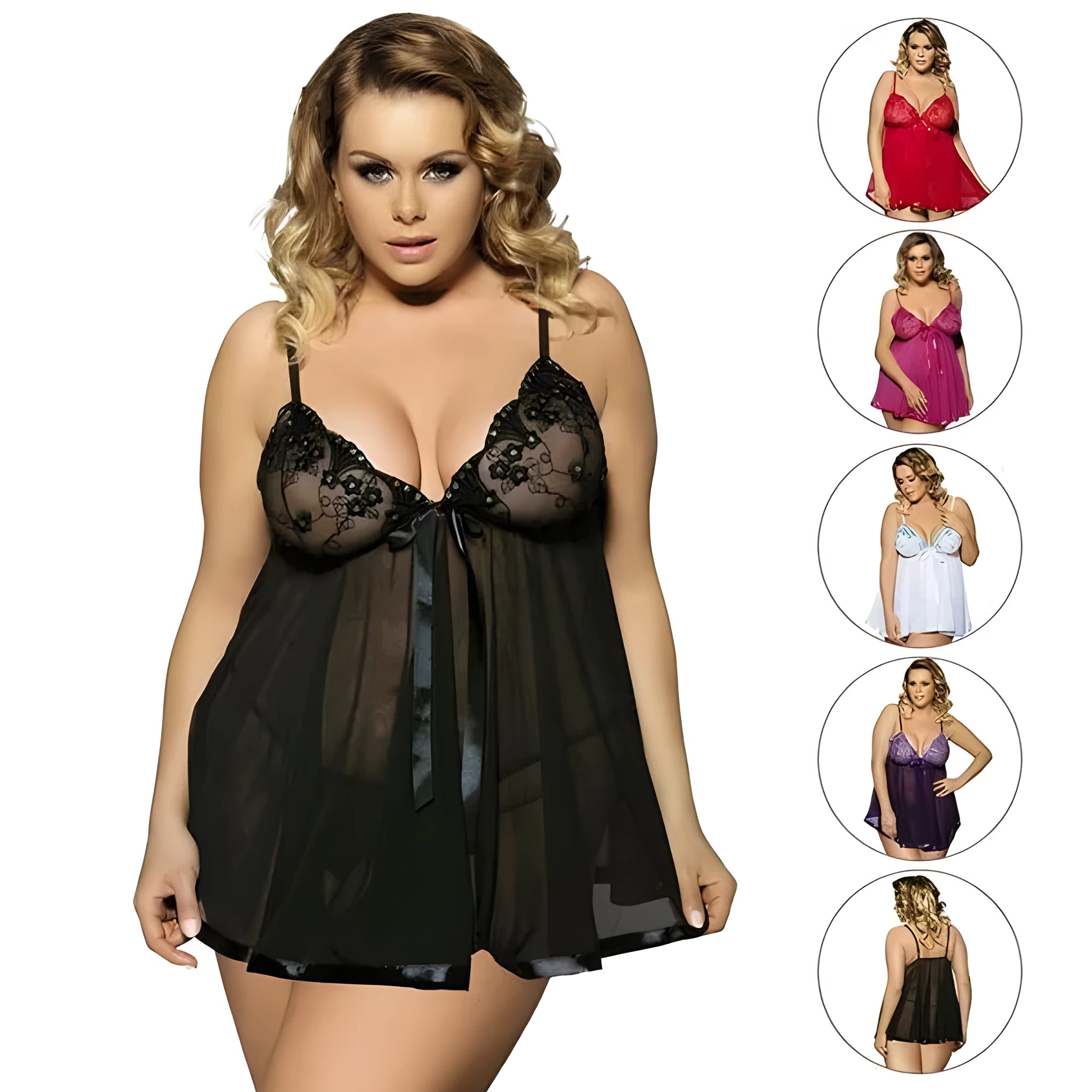 Women's sexy lace sling sleepdress in polyester, sizes up to 6XL, available in black and other colours