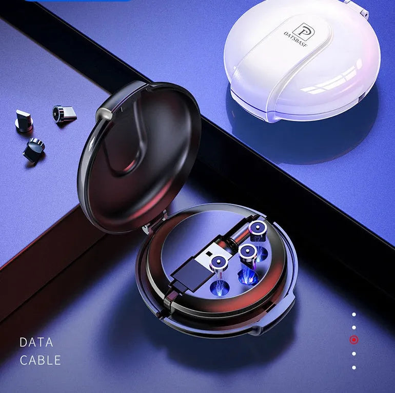 3-in-1 magnetic retractable style charger in black with 1m cable for universal phone charging