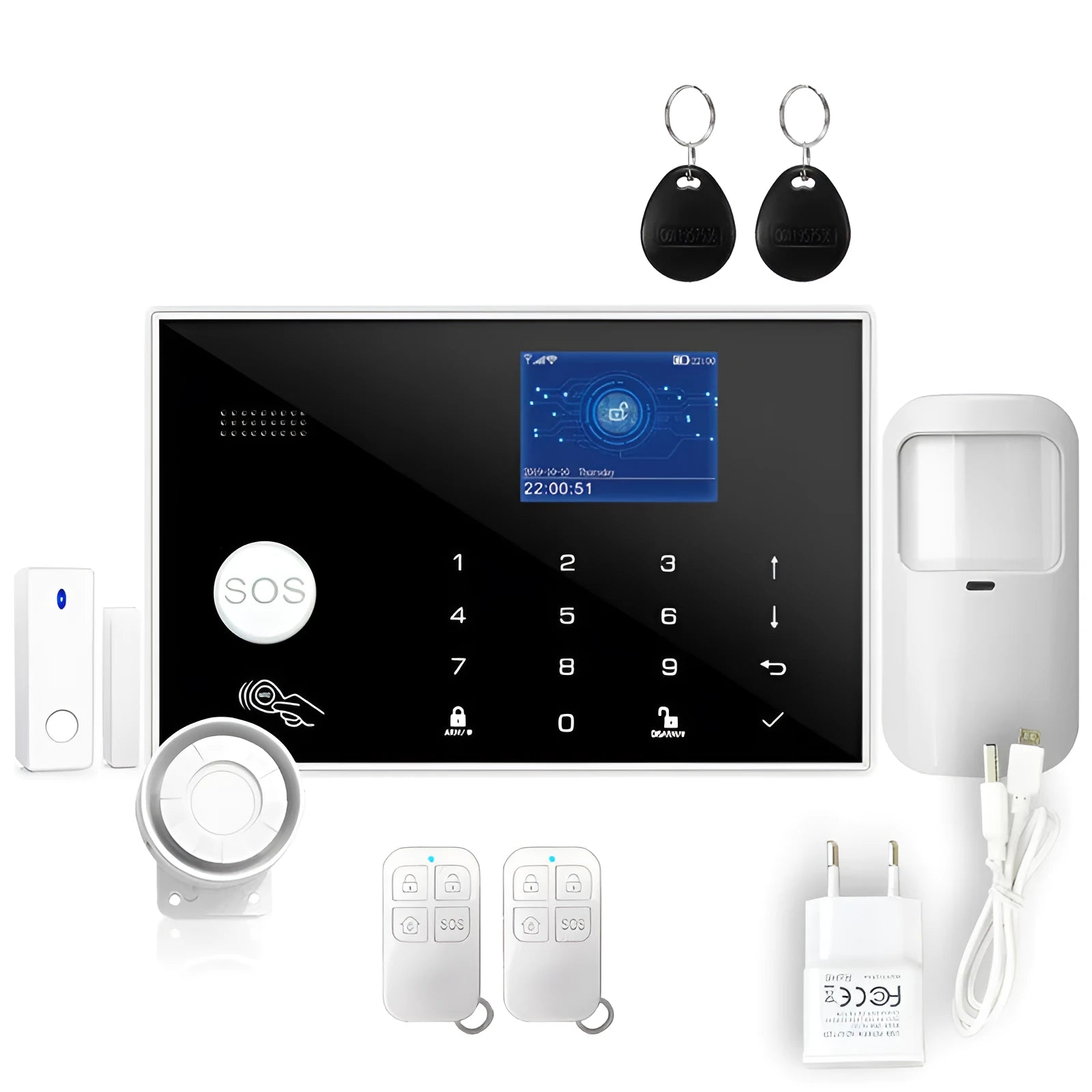 ER G30 model WiFi and GSM touch button household burglar alarm host with wireless probes.