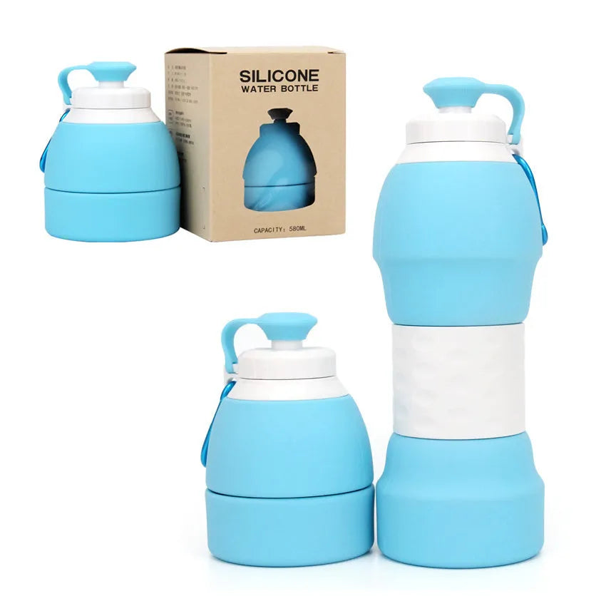 Silicone folding water bottle 580ml in grey, collapsed and full size, food grade portable sport bottle
