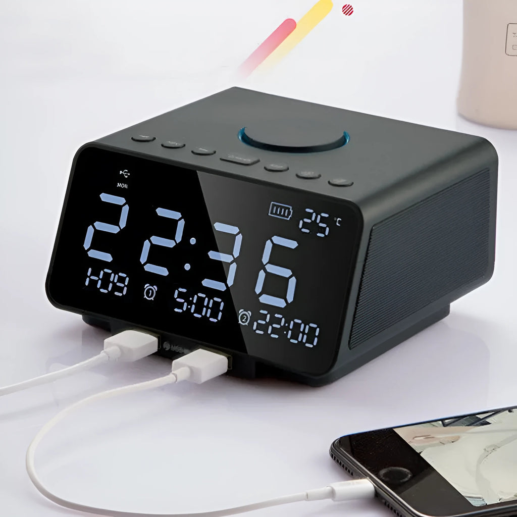 Wireless alarm clock speaker in black with Bluetooth 4.1 and 4400mAh battery