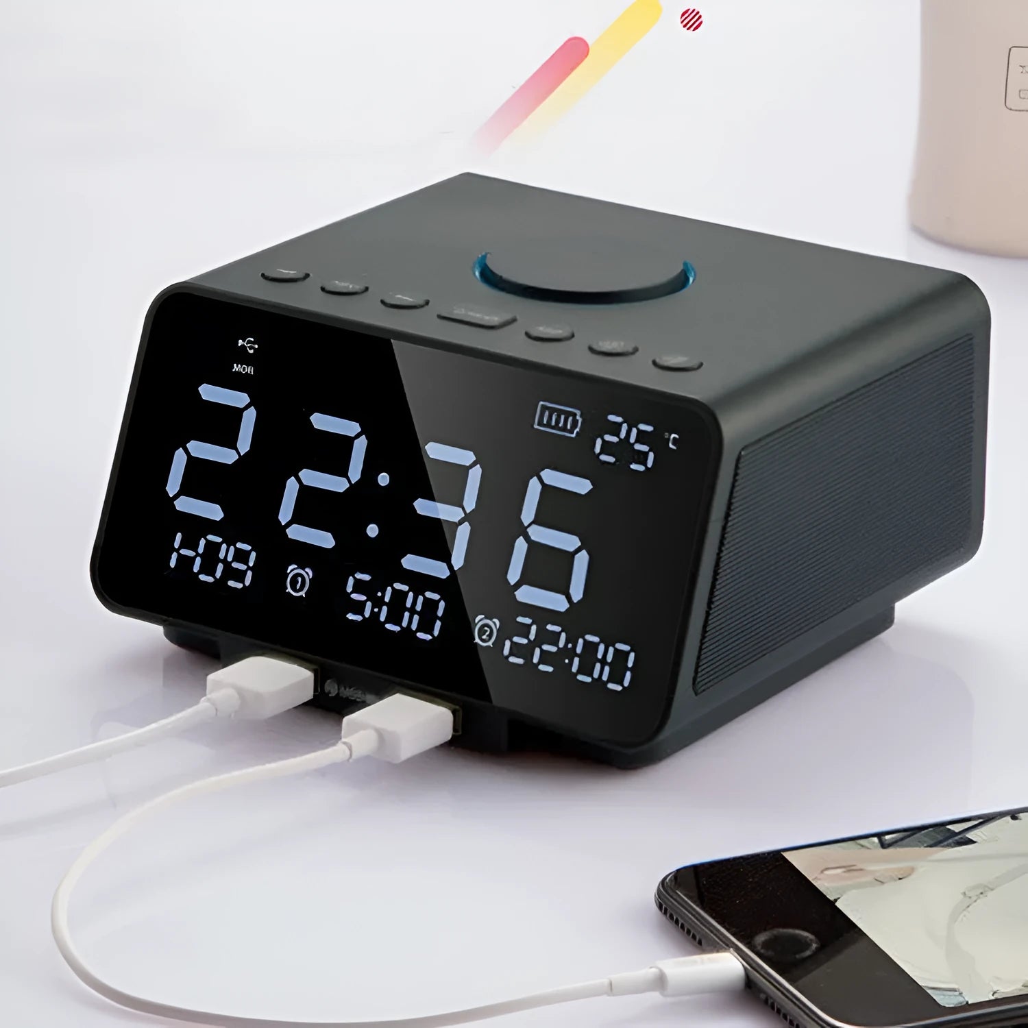 Wireless alarm clock speaker in black with Bluetooth 4.1 and 4400mAh battery