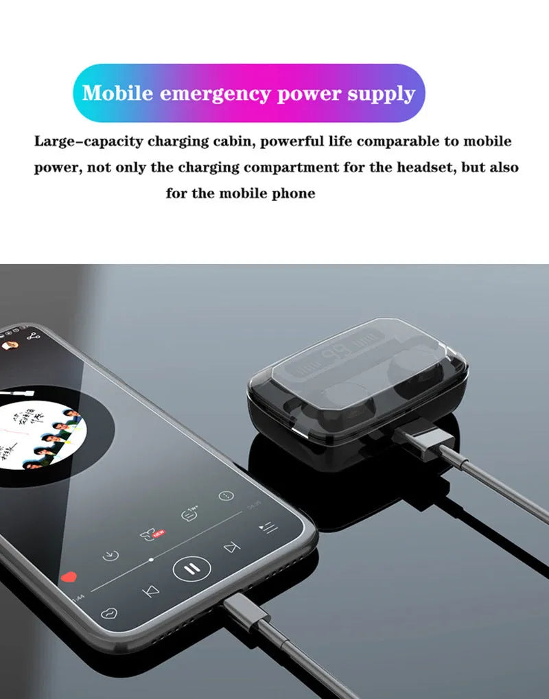 Black M11 Bluetooth wireless headset with digital display and magnetic charging case