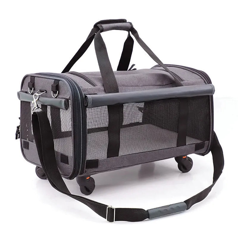 Pink folding travel cat bag with universal wheels and solid bottom, 60cm by 38cm by 32cm