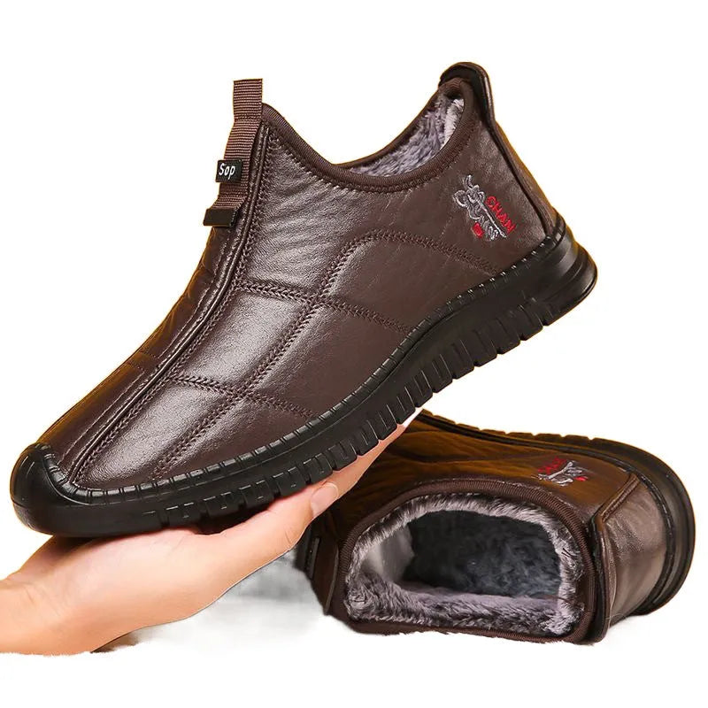 Winter men's warm velvet padded cotton boots with non-slip PU sole in D366 brown