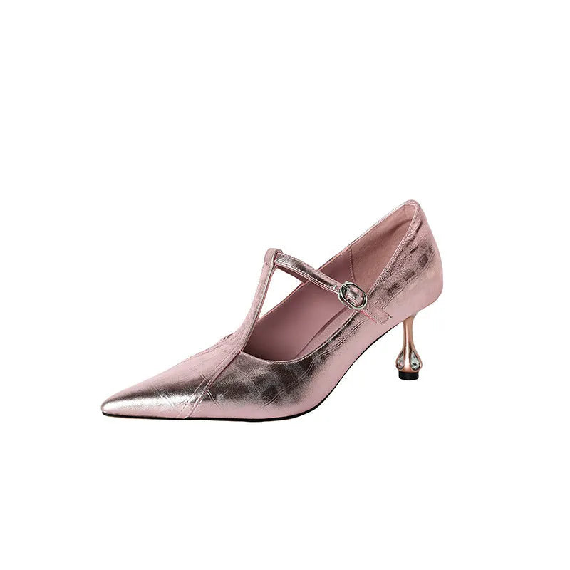 Women's genuine leather pointed-toe high heels with chunky heel in gun colour