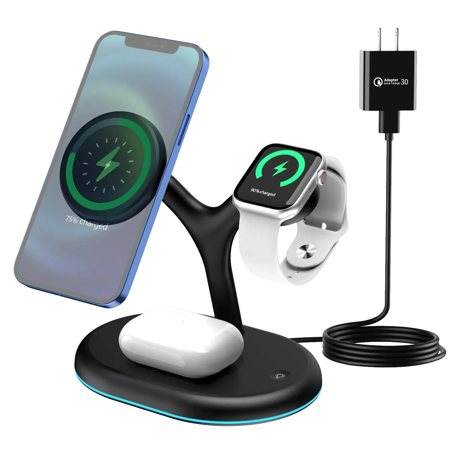 Black three-in-one magnetic wireless charger on a surface.