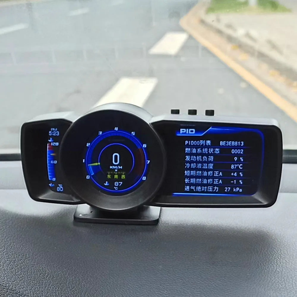 OBDII monitor driving computer with GPS BeiDou support showing multilingual interface options on TFT screen